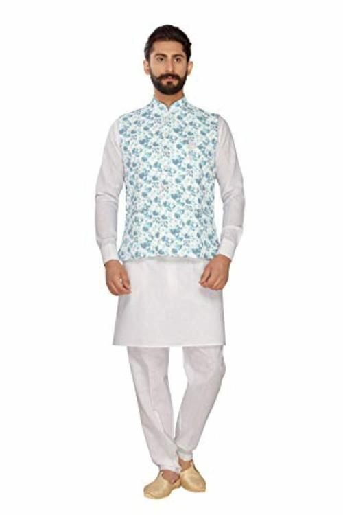 ARRUGA Men Light Blue Nehru Jacket with Kurta Churidar Set - 42