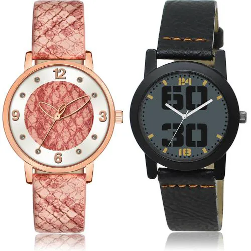NEUTRON Classical Casual Simple And Wife Pink And Black Colour Analog Genuine Leather Belt 2 Watch Combo For Women And Girls - GM363-GL251