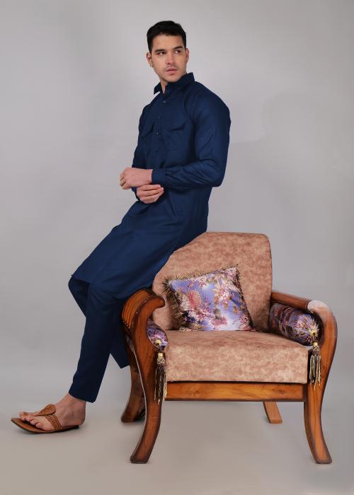 Narayan Bhakti Premium Cotton Men's Pathani Suit Knee Length Regular Fit - Ideal for Ethnic and Casual Wear Colour-Blue (Size-38)