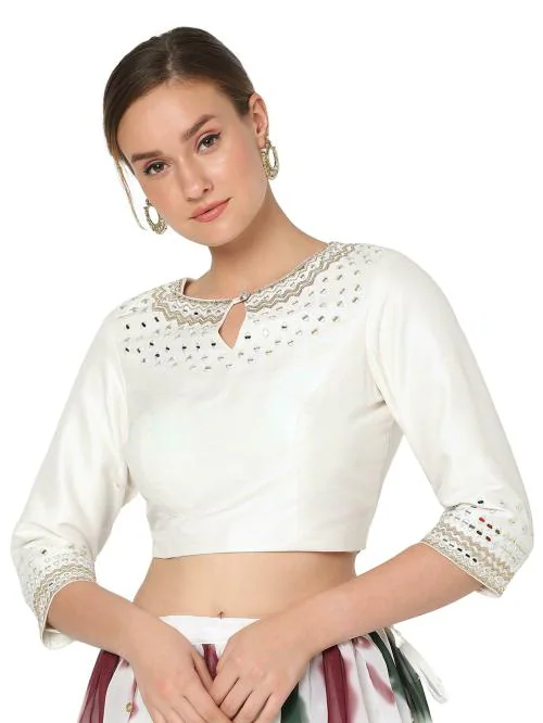 Salwar Studio Women's White Raw Silk Embroidered Readymade Saree Blouse
