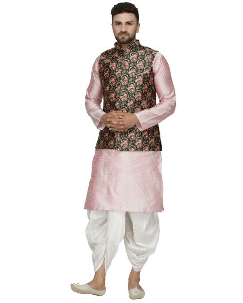 Benstoke Men's Pink Kurta With White Dhoti & Dark Green Printed Nehru Jacket