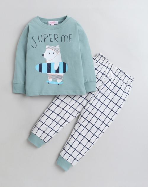 Hopscotch Baby Boys Cotton Graphic Print Top And Pajama Set In Green Colour For Ages 6-9 Months (YYZ-3235009)