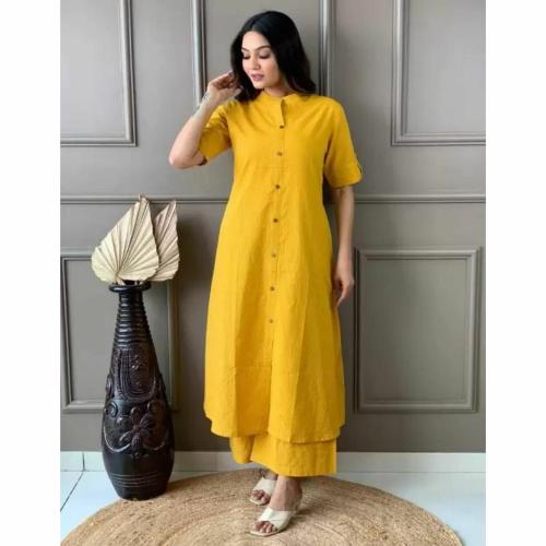 TANE BANE Womens Front-Open Plain Kurta Set Long Kurta with Matching Plazzo, Stylish and Comfortable Outfit for Casual, Formal, and Festive Wear | Yellow | L