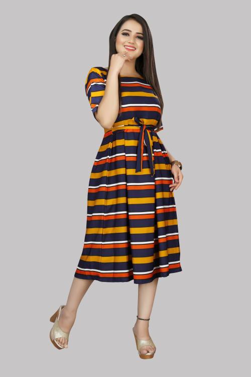 JIYAKURTI Women Orange Printed Crepe Fit And Flare Dress (XS)