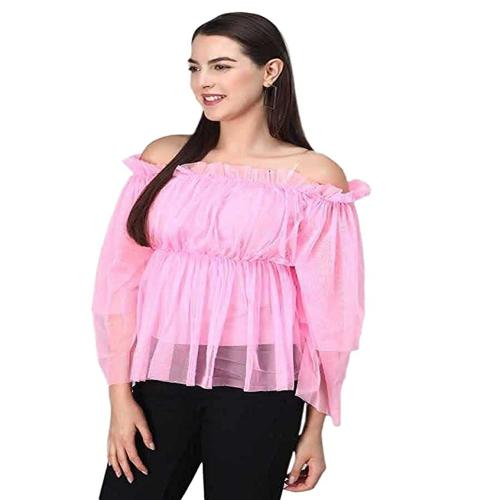 RICHAURA Women's Off Shoulder Net Top | top for womens-Dark Pink Colour(Size- M)