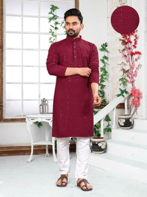 SONBAI Men Boys Cotton Rayon Schiffli Embroidery Tikli work full sleeves kurta for marriage wedding shaadi diwali eid holi (Only Kurta) Maroon (S)