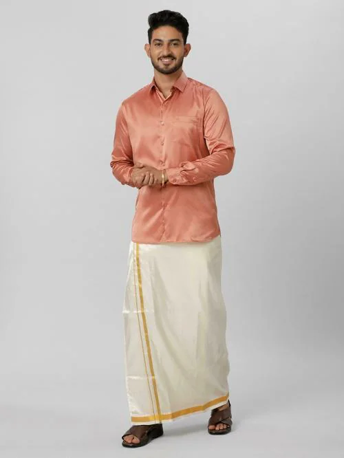 Ramraj Mens peach Solid Spread collar Short Sleeves Shirt With Double Dhoti.