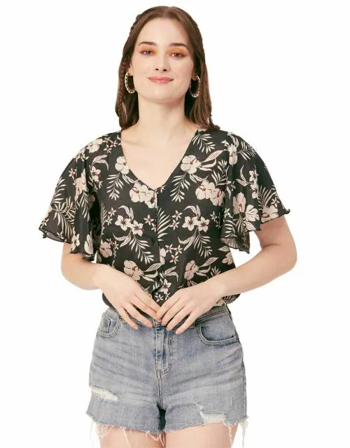 Moomaya Women's Printed Butterfly Sleeve Top, Button Down Summer Casual Top