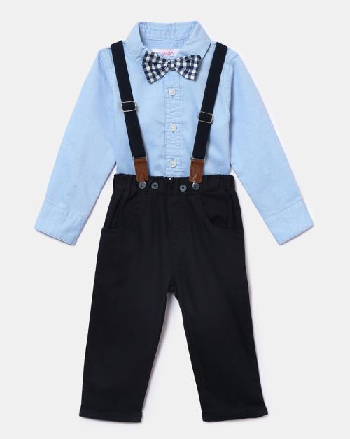 Hopscotch Baby Boys Cotton And Spandex Solid Shirt and Pant Set In Blue Colour For Ages 18-24 Months (BYB-2821578)