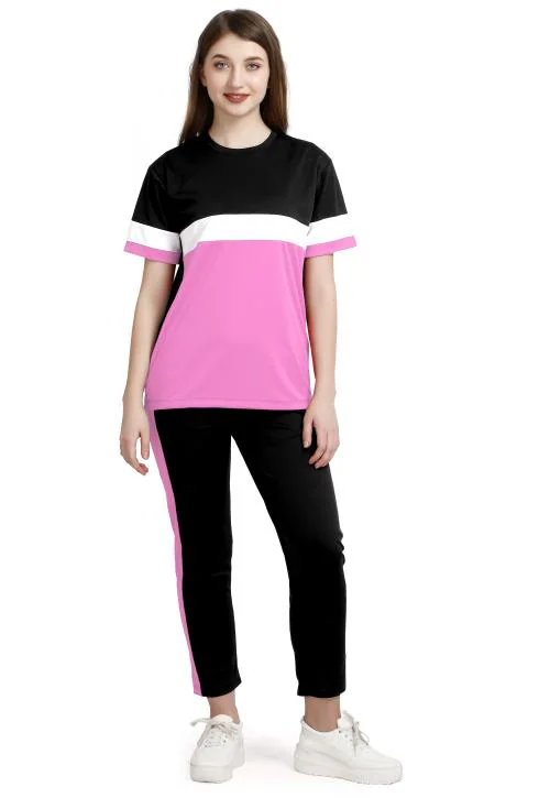 Master'Z Womens Colorblock Silk Top and Pyjama Set/ Night Dress Pink XL