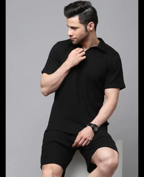 Rigo Men Black Waffle Knit Half Sleeves Co-ord Set