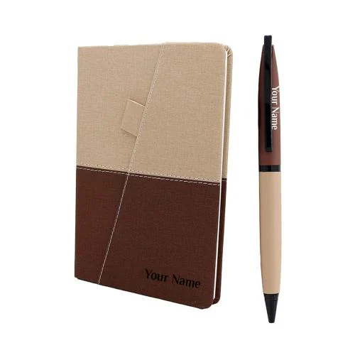 Giftana Personalized Notebook Diary and Pen with Name, 2 in 1 Journal Premium Notebook Diaries & Metal Pen Customized Name Gifts Set for Men and Women, Corporate Gifts for Employees (Beige, Size: A5)