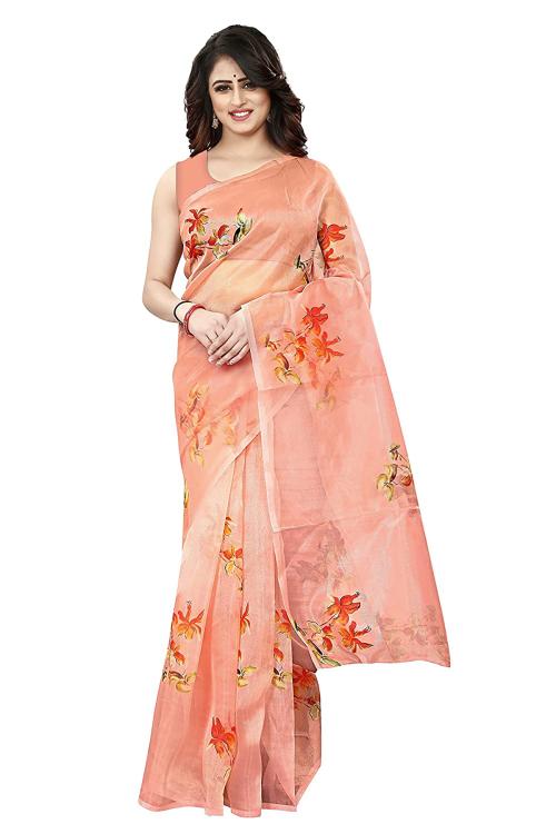 Pyos Women's Orange Floral Printed Premium Organza Saree Pack of 1