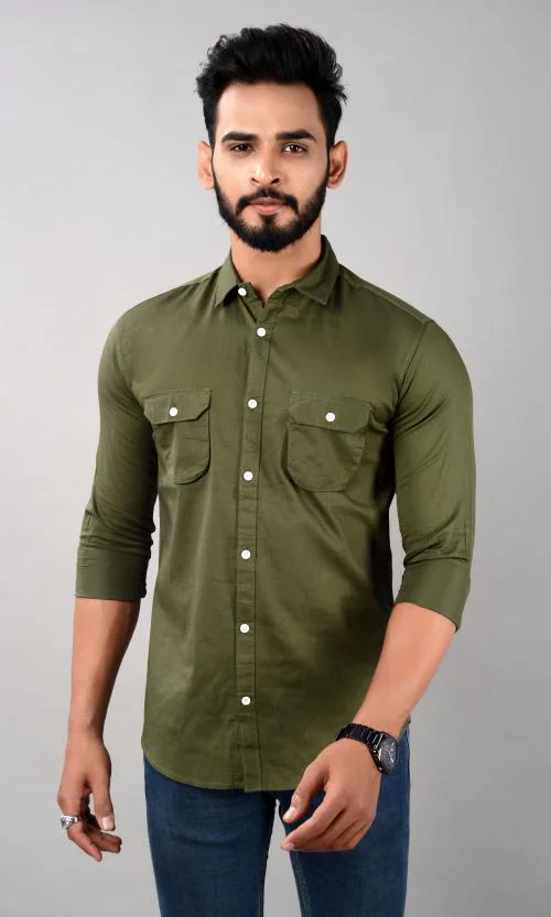 VILLAIN Men's Full Sleeve Cargo Shirt with Double Pocket - Olive