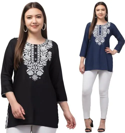 Aura Glam Women Embroidered Latest Design Rayon Fabric Round Neck With Three Quarter Sleeves Short Kurti | MultiColour Pack of 2 |Black & Navy Blue