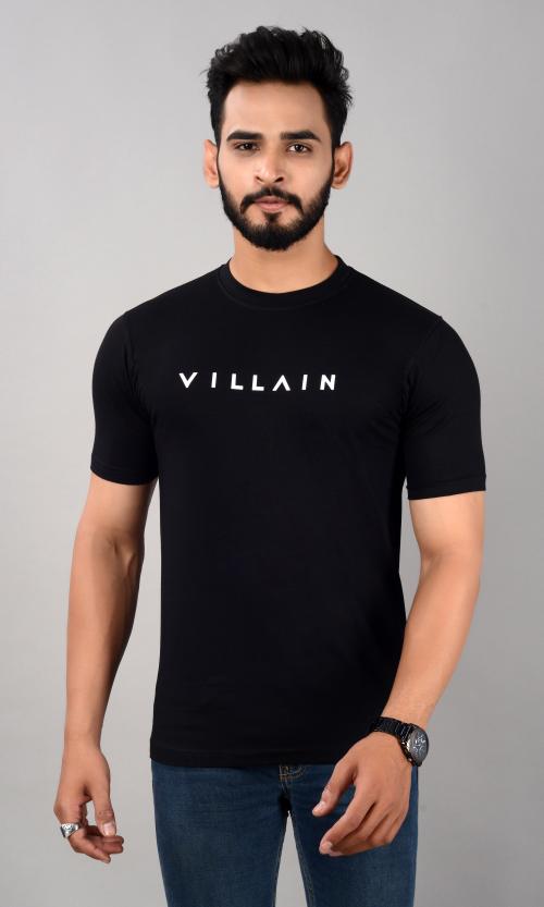 Villain Men's Brand Print Round Neck Cotton Lycra T-Shirt with Smartskin Technology -Black