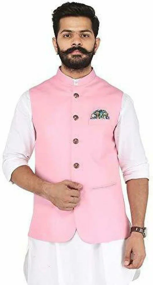 Buy Rajwanshi Sleeveless Pink Solid Men JacketMens's Nehru Jacket
