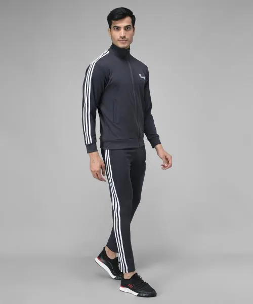 Veltick Men's Lycra Solid Side Stripe Tracksuit (Grey)