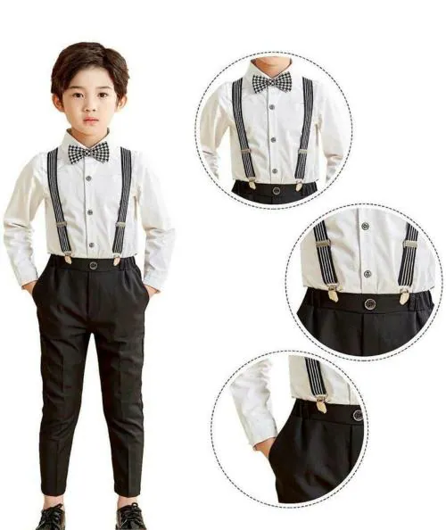 Froquiliz Boys Party Wear Shirt Pant, Bow Tie, Suspenders Dungaree White 3-4 Y