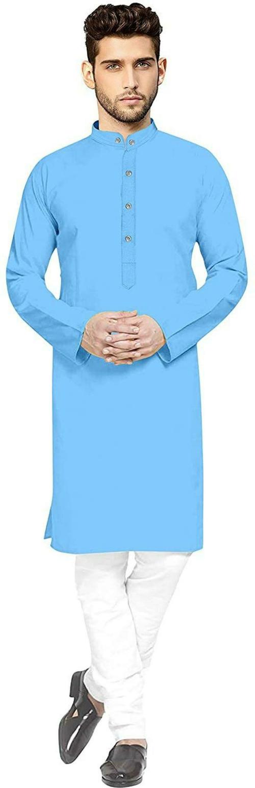 Dingra Men Light Blue Solid Cotton Blend 1 Kurta