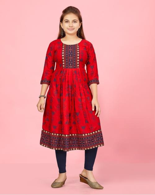 Muhuratam Girls Red Colour Cotton Kurti