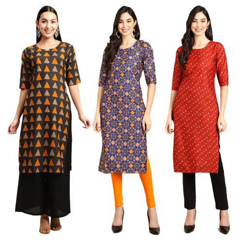 Ethnic Basket Women's Crepe Digital Print Straight Kurta [pack of 3]{TV-387-369-370-S}