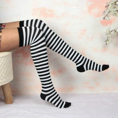 Bonjour Women's Black and White Stripe Knee High Socks