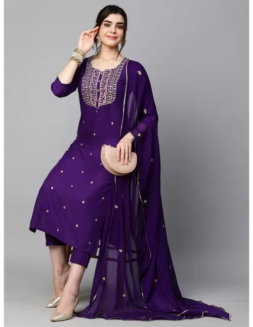 Anni Designer Women's Purple Straight Embroidered Kurta with Trouser & Dupatta
