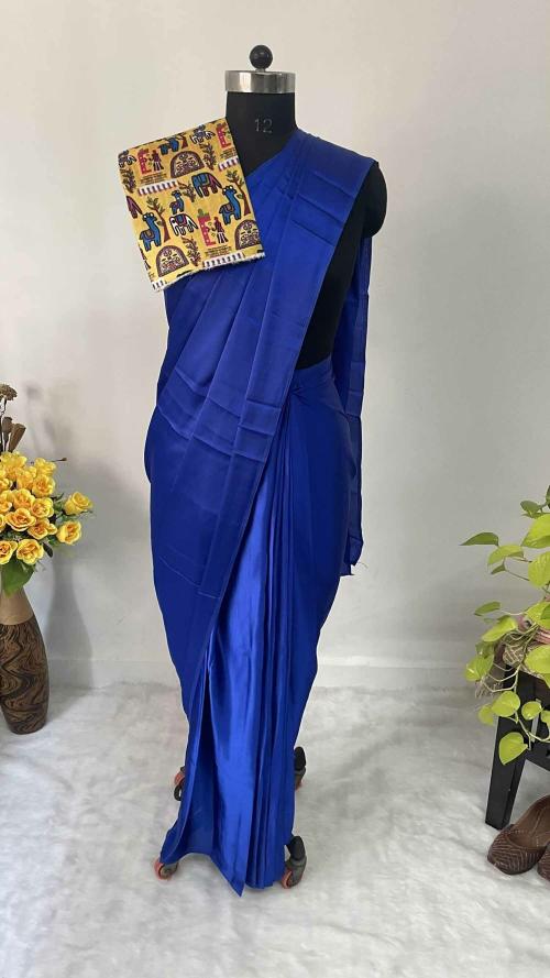 MBL Women Blue Solid Satin Party Daily Wear Saree with Unstitched Blouse Piece
