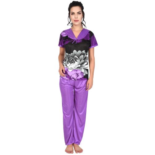 Women Satin Printed Fancy Night Suit (Pack Of 1) Blue FNSBP-19