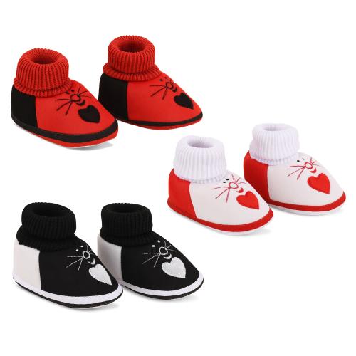 SMARTOTS Newborn Baby Shoes Booties, Combo Set Pack of 3 Soft Skin-Friendly Baby Socks Shoes for 3-6 Months Baby Boys/Girls Color-Black, Red & White