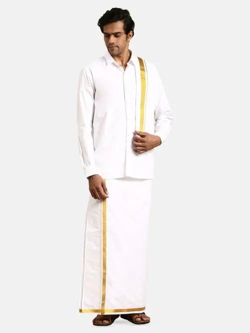 Ramraj Men White Solid Spread collar Long sleeves Shirt With Veshti & Towel.