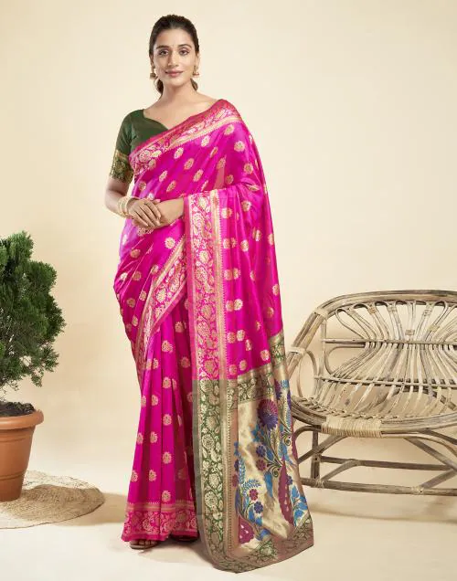 Siril Silk Blend Green & Magenta Color Saree with Blouse piece