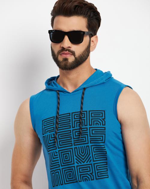 RELANE Men's Cotton Sleeveless Printed Hooded T-shirt