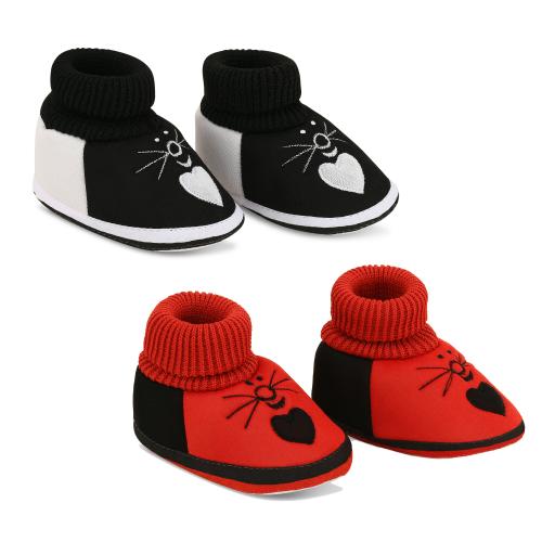ADORED FASHION Newborn Baby Shoes Booties, Pack of 2 Baby Socks Shoes for 6-9 Months Baby Boys/Girls Color-Black & Red