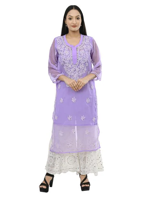 MRS RIGHT LUCKNOWI CHIKANKARI MIRROR EMBROIDRED GEORGETTE PURPLE KURTI