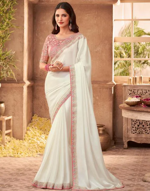 Satrani Satin & Silk Cream Color Saree with Blouse piece