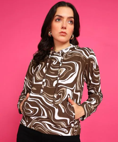 Popwings Women Casual Coffee Brown Marble Print Hooded Pocket Sweatshirt | Printed Sweatshirts | Women Sweatshirts | Winter Wear Sweatshirts | Latest Design Sweatshirts | Trendy Sweatshirts