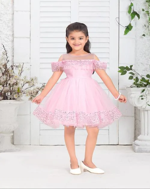 Muhuratam Girls Party Wear Pink Colour Sequin Net Frock