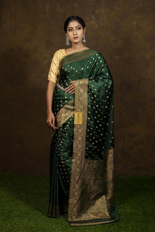 Chayan Dark Green & Golden Border Woven Design Banarasi Saree With Unstitched Blouse Piece
