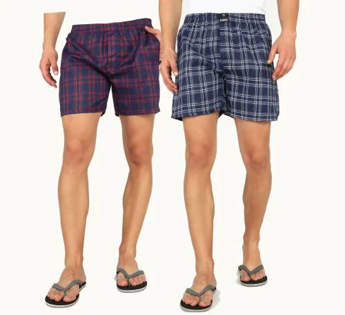 Levex Men Blue and Red Checkered Cotton Blend Pack of 2 Boxer (XL)