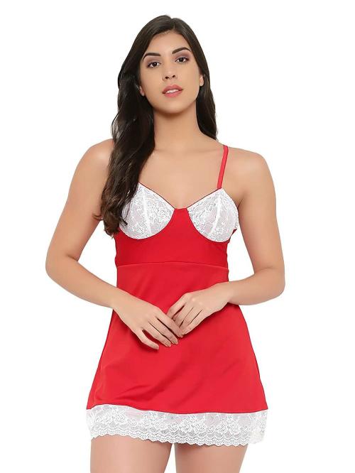 Boldwink Womens Red Floral Babydoll Sexy and Elegant Night Wear