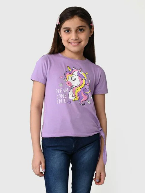 UrbanMark Junior Girls 100% Cotton Unicorn Printed Half Sleeves T Shirt With Side Tie Ups - Purple