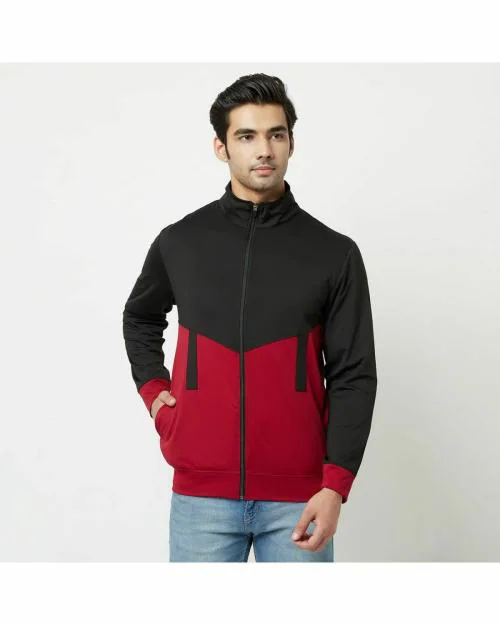 Glito Black & Maroon Color Block Stretchable Regular Fit Gym Wear Jacket/Upper For Men