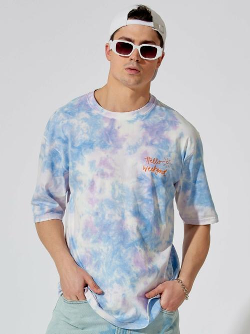 Maniac Mens Tie and Dye Round Neck Half Sleeve White and Blue Cotton