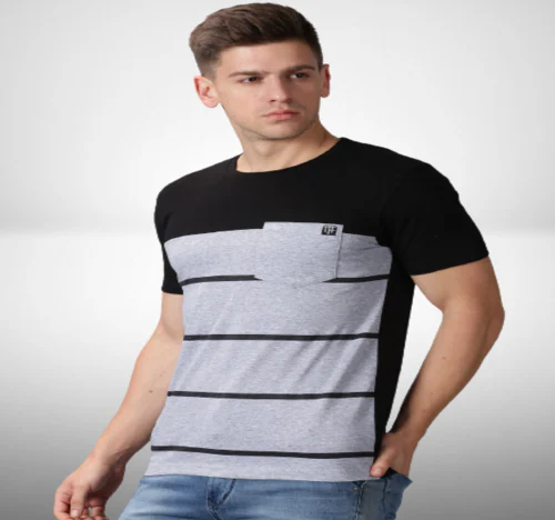 THE FASHION FACTORY Men Striped Round Neck Cotton Blend Black, Grey T-Shirt-H