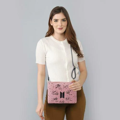 PEARLUXIS BTS Women and Girls Pink Printed Sling Bag (BTS-PINK)