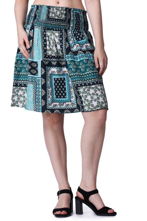 Popwings Women Casual Boho Printed Green Flare Peplum Skirt | Knee Length Skirts For Women | Stylish Skirts For Women