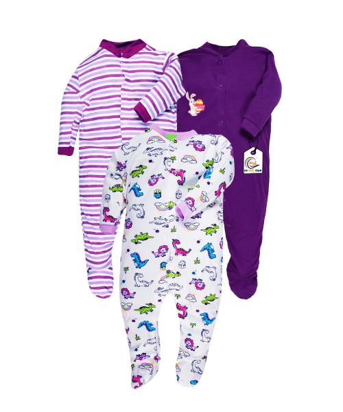 MYBABYTOWN BABY SLEEPSUIT ROMPER 100% Cotton Unisex Printed Purple Pack of 3 Rompers & Onesies 12-18 M RM-PURPLR-12-18