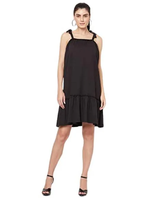 Yoonoy Cotton Women Tiered Dress Made in Stretchable Knit Fabric, Has A Shoulder Tie-Up Detail and Elasticated Neckline (Black)